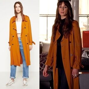Zara Basic Women Longline Trench Coat XS Orange Lightweight Contemporary Preppy